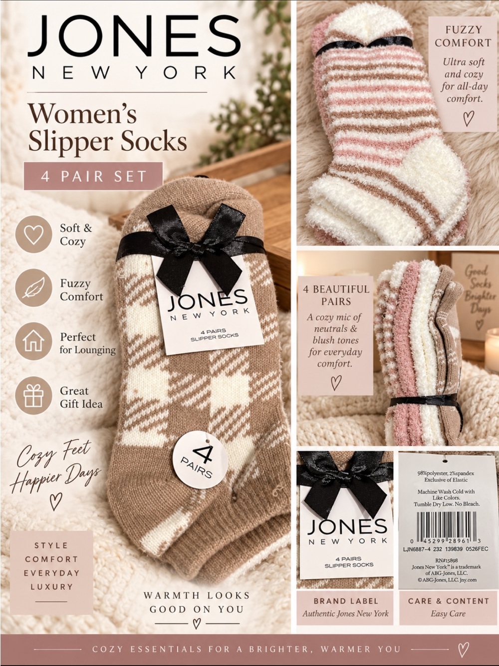 NWT Jones New York Beige & White Plaid Slipper Socks - 4 Pack